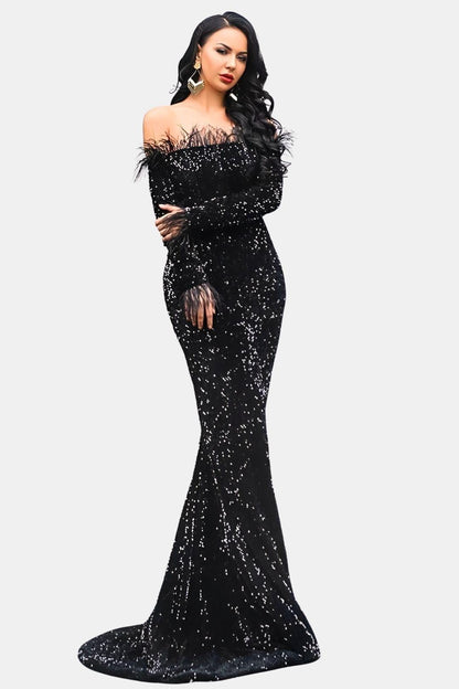 Valerienne | Off-Shoulder Feather Sequin Mermaid Evening Dress