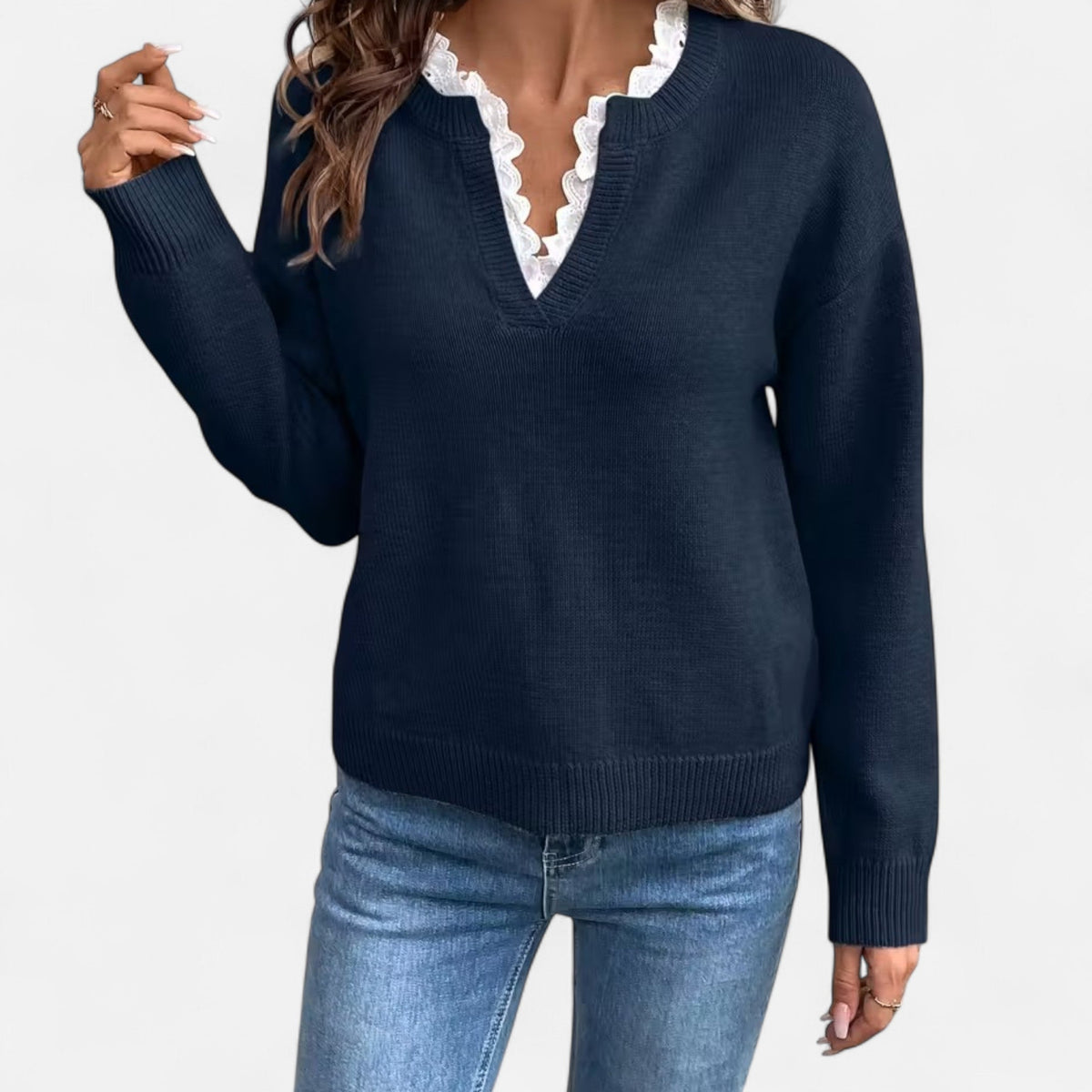 Quenara | Women’s Lace-Trim V-Neck Knit Sweater